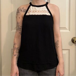 Black Halter Flowy Top with Lace Details